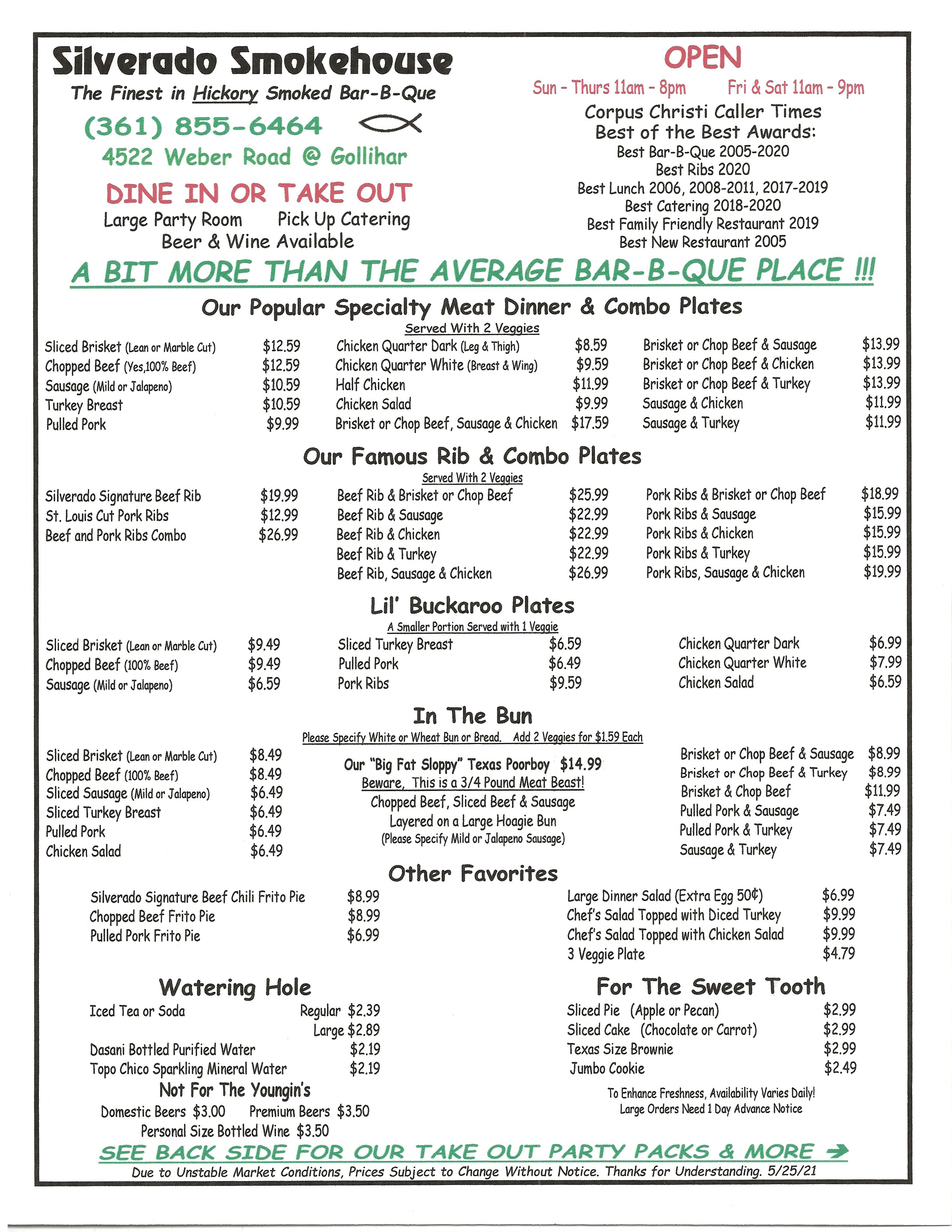 Corpus Christi, TX - Restaurant - Silverado Smokehouse - Front Side Of Menu